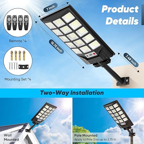 Miniatura 6 de Farolas solares impermeables para exteriores, 30000 lúmenes, 6500 K, luces LED con sensor de movimiento, luces de inundación solares con control