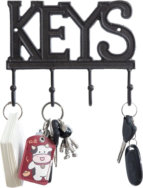 FairyCity Keys Holder for Wall Metal Vintage Keys Hook- Home Decor Key Hanger Decorative with 4 Hooks Key Organizer Rack for Entryway Mudroom Hallway Office Black