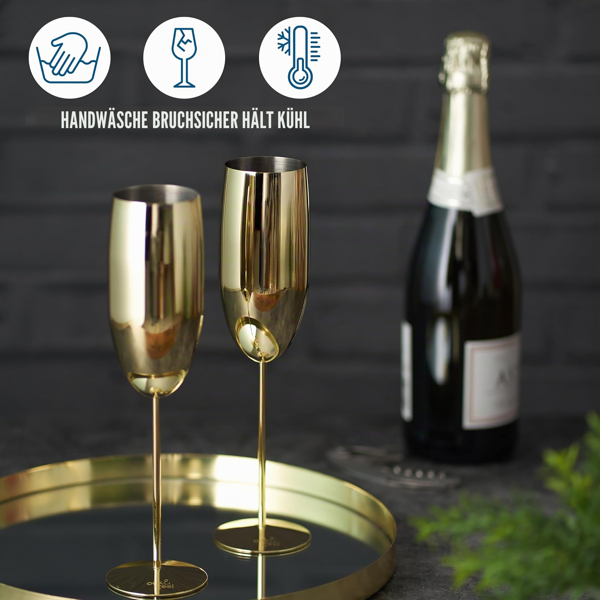 Oak & Steel - 6 Champagnergläser, 280ml - Prosecco-Gläser aus Edelstahl mit Geschenkbox (Gold)