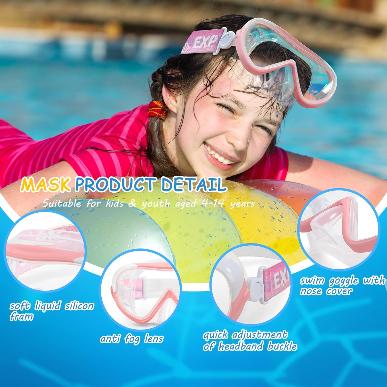 Kids Swim Mask With 180° Panoramic View - Anti-Fog Child Diving Goggles For Ages 4-14