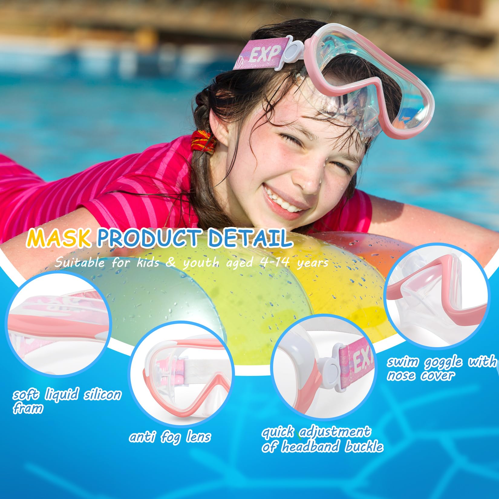 Máscara de natación para niños, gafas de natación de 180°, antivaho, a prueba de fugas, con cubierta para la nariz y correa de tela para niños de 4 a 14 años, para natación, esnórquel y buceo