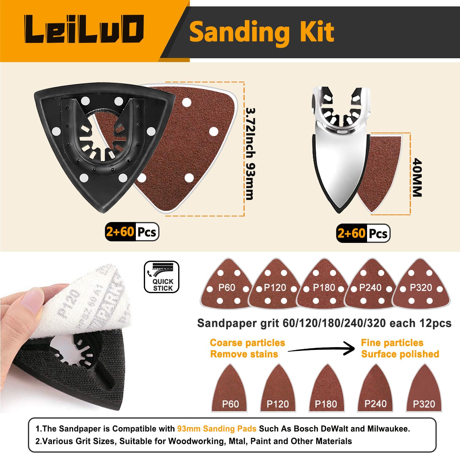 LEILUO 127 Pcs Oscillating Tool Sanding Pad Kit 2 Pcs 93mm Triangle Sanding Pads 2 Pcs Fingertip Sand Pads 120 Pcs Sandpaper 3 Pcs Adapters Compatible with DeWalt Makita Ryobi Milwaukee and More
