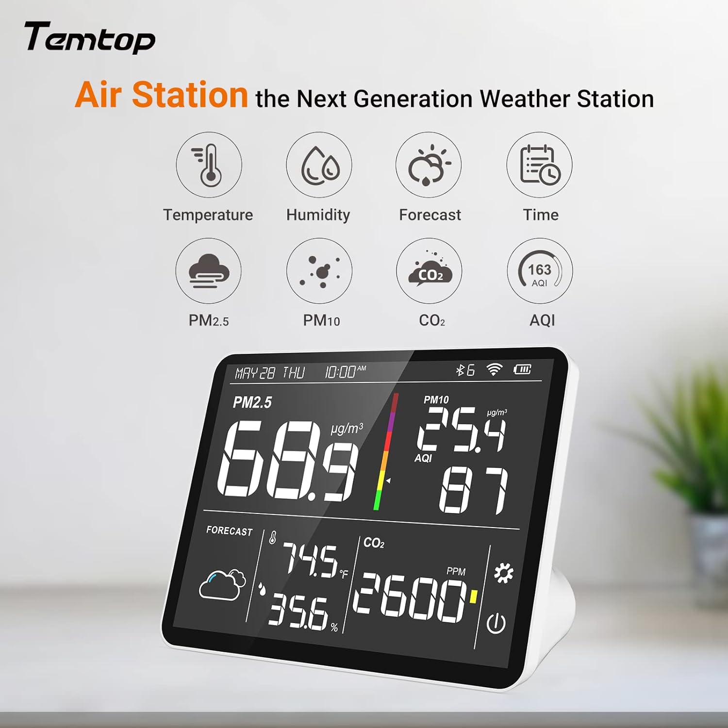 Temtop M100 Air Quality Monitor highlighting its 8-in-1 smart weather station capabilities, including Temperature, Humidity, Forecast, Time, PM2.5, PM10, CO2, and AQI.
