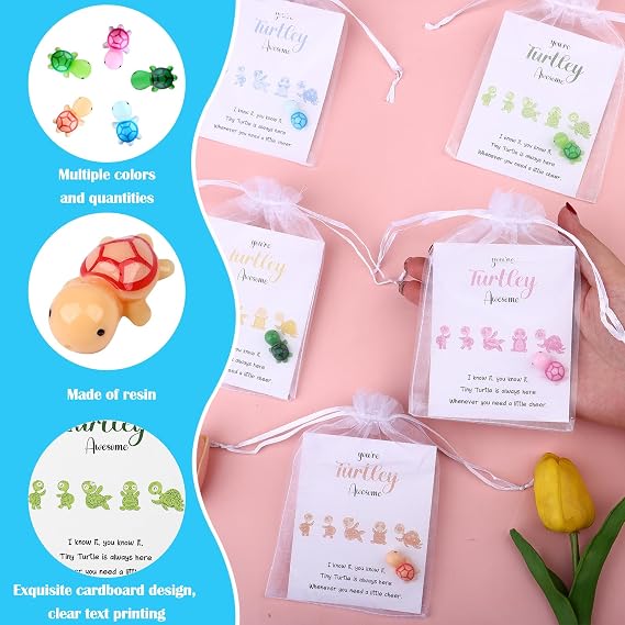 50 Sets You're Turtley Awesome Inspirational Gift 50 Turtle Greeting Cards Mini Sea Turtle Figure Organza Bag Employee Appreciation Gift for Coworker Teacher Team Volunteer End of Year Class Gifts