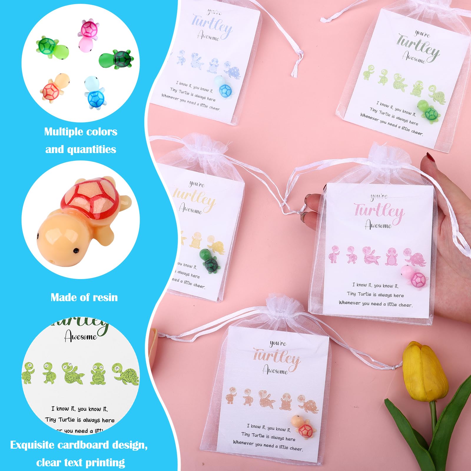 RUIYELE 50 Sets You're Turtley Awesome Inspirational Gift 50 Turtle Greeting Cards Mini Sea Turtle Figure and Organza Bag Employee Appreciation Gift Employee for Coworker Teacher Team Volunteer - Image 3
