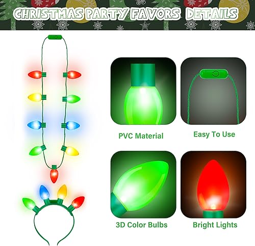 Miniatura 7 de EOBOH 8 piezas de recuerdos de fiesta de Navidad, collar de Navidad iluminado, bombilla brillante, 3 modos de collar de Navidad, diadema,