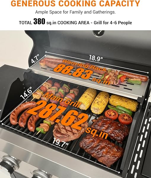 EUHOME 40,500 BTU 3-Burner Propane Gas Grill with Side Burner,Stainless Steel Outdoor BBQ Grill Portable with Wheels and Cast Iron Grates for Patio Garden Barbecue Cooking - 4