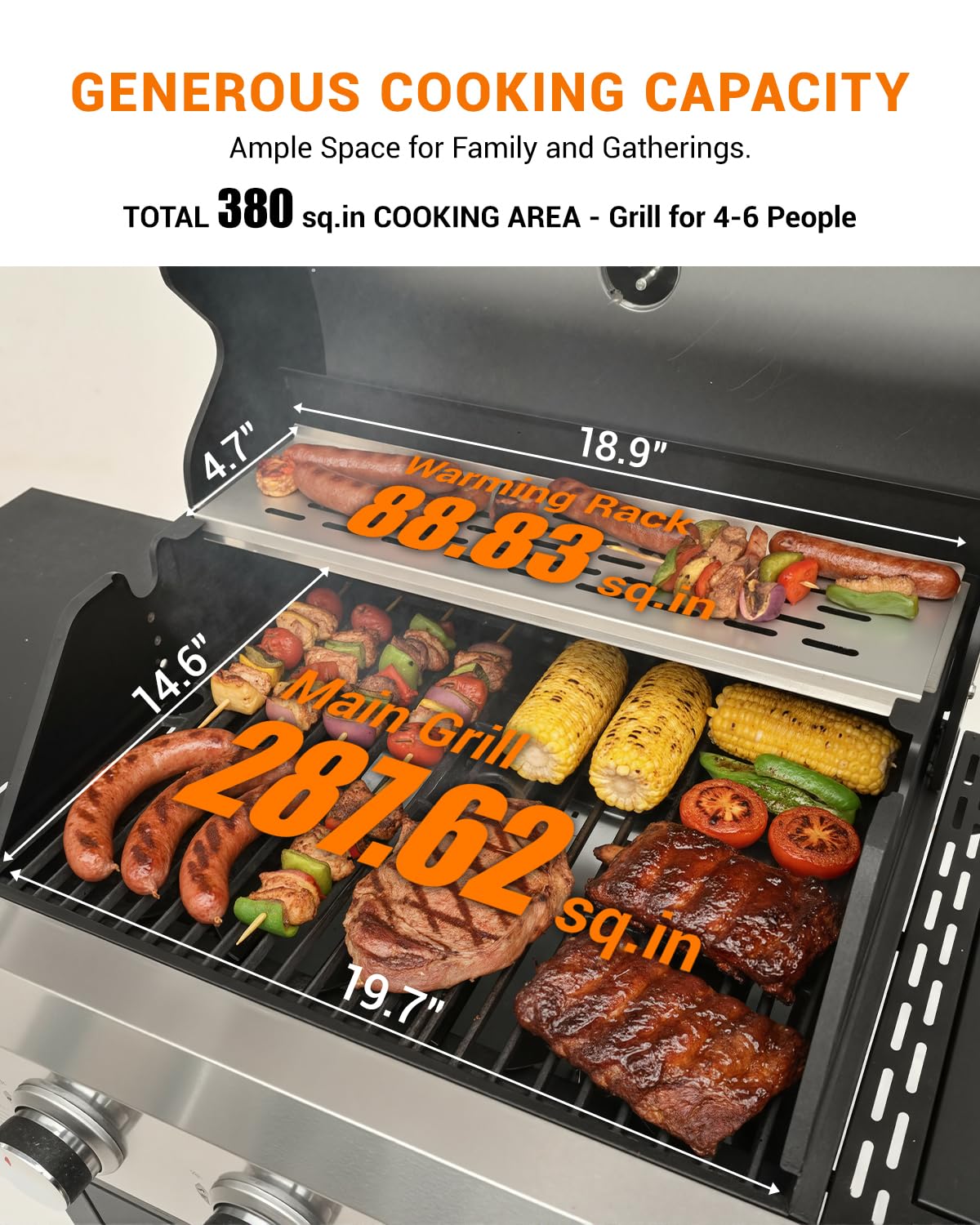 EUHOME 40,500 BTU 3-Burner Propane Gas Grill with Side Burner,Stainless Steel Outdoor BBQ Grill Portable with Wheels and Cast Iron Grates for Patio Garden Barbecue Cooking - 5