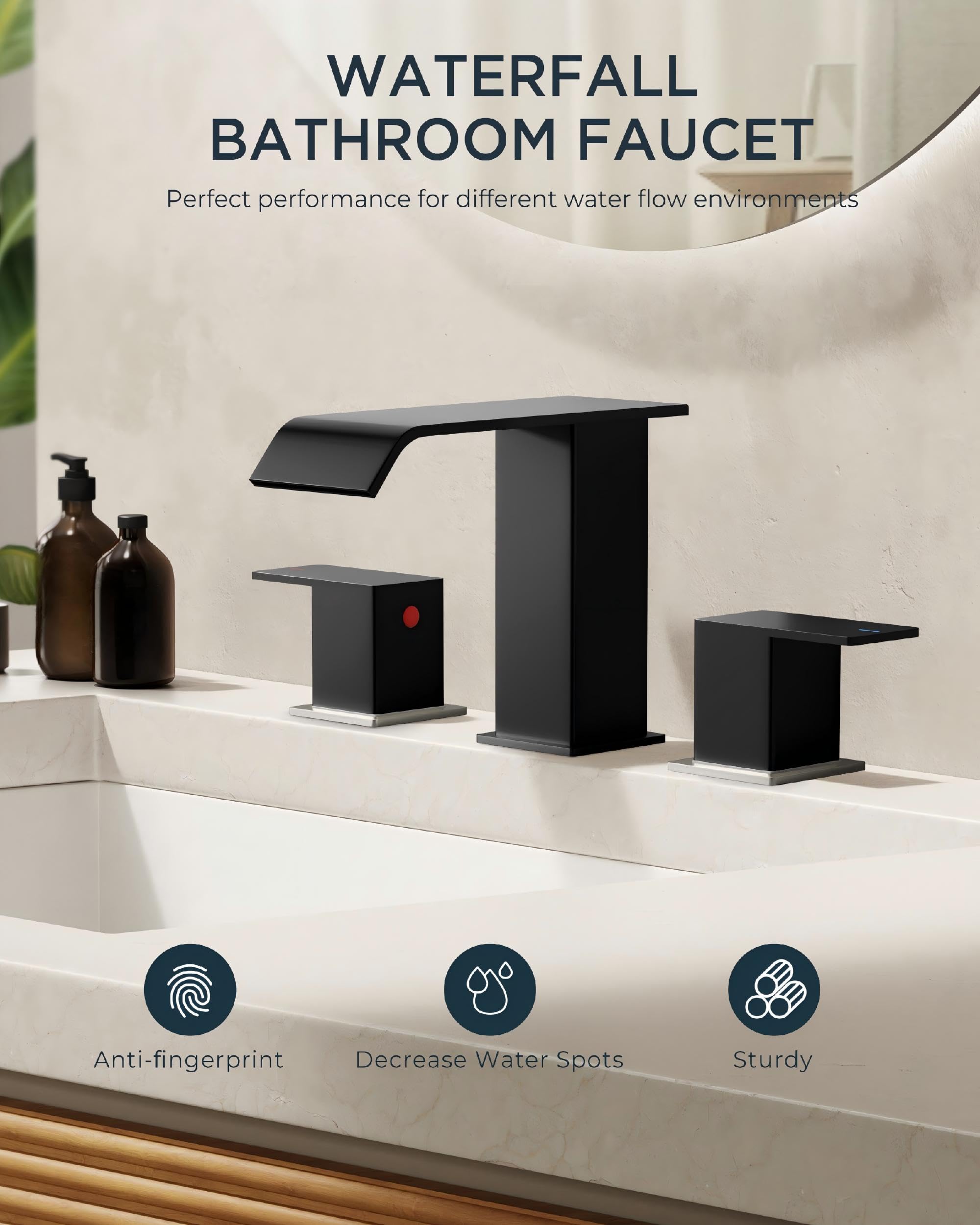 QHQQXN Weitverbreiteter Waschbecken-Wasserhahn mit 3 Löchern, gebürstetes Nickel, 2 Griffe, Wasserfall-Badezimmer-Wasserhahn mit Pop-up-Ablauf aus Metall und 24-Zoll-Warm- und Kaltwasserschläuchen,