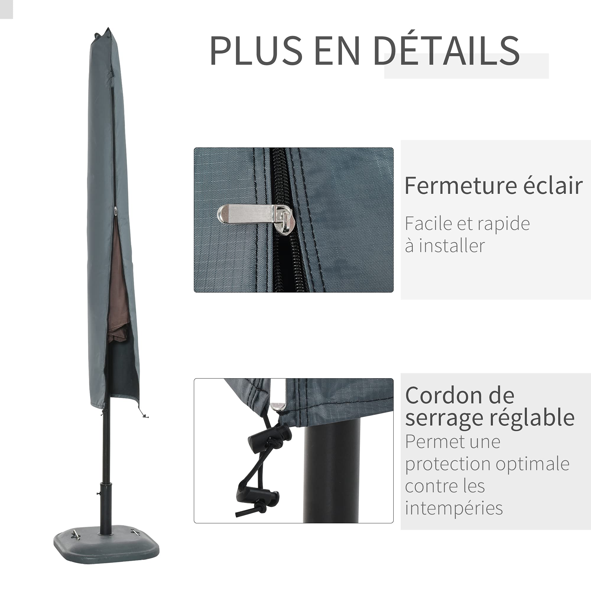 Outsunny Housse de Protection imperméable pour Parasol Droit avec Fermeture éclair et Cordon de Serrage Gris