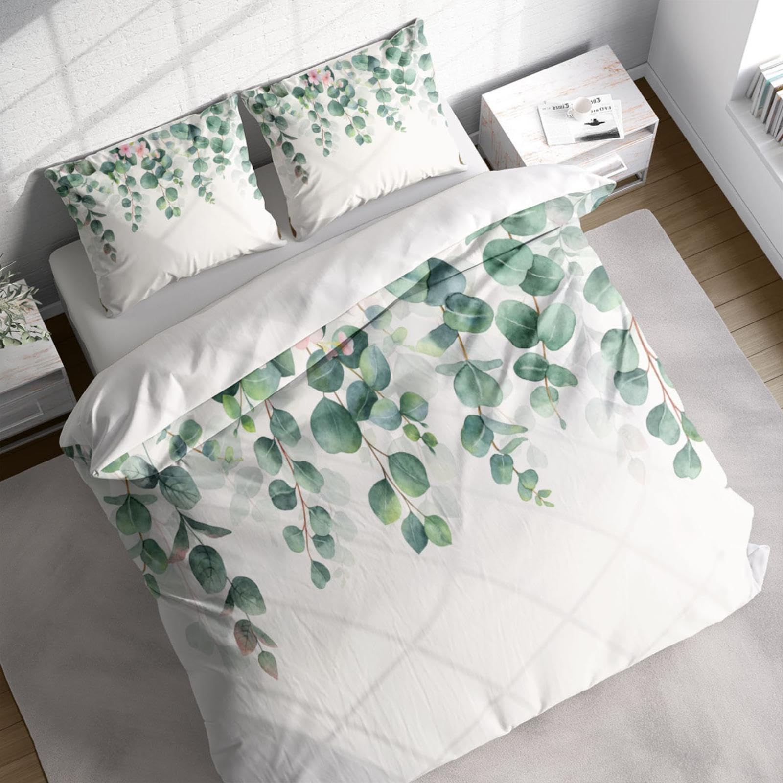 Housse de couette branches feuillues et parure de lit motif floral vert pour grand lit double