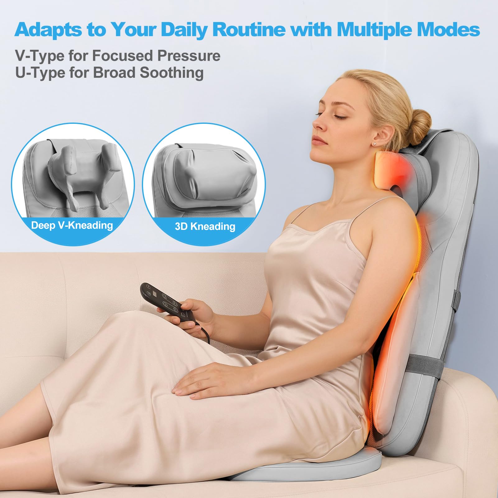 Shiatsu masajeador de cuello y espalda con calor, enrollado, vibración y amasado para aliviar la fatiga, cojín de asiento de masaje de espalda completa de intensidad y altura ajustable para