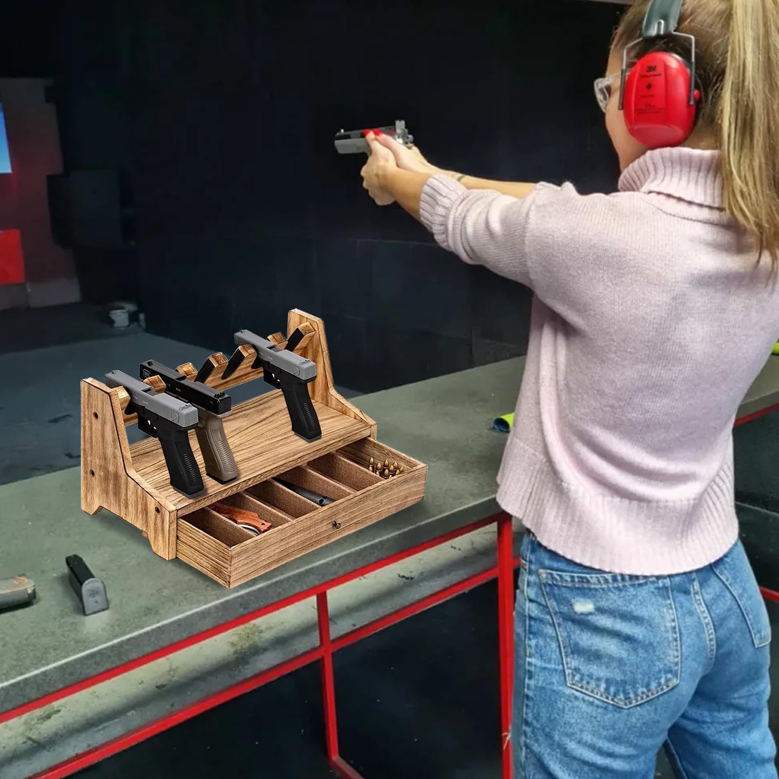 Pistolenregal, Spielzeug-Pistolenständer mit Kleiner Aufbewahrungsbox Massivholz-Pistolenständer für die Aufbewahrung von Pistolen, Sichere Pistolenaufbewahrung, Fasst 4 Bis 6 Pistolen