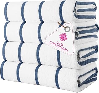 CASA COPENHAGEN Cabana Pool 4Pcs 100% Egyptian Cotton Large Designer Beach Towels Gift Set- White Navy, 500GSM, 55"x27", 4 Beach Bath Towels (Box Pack, Set for Women & Men)