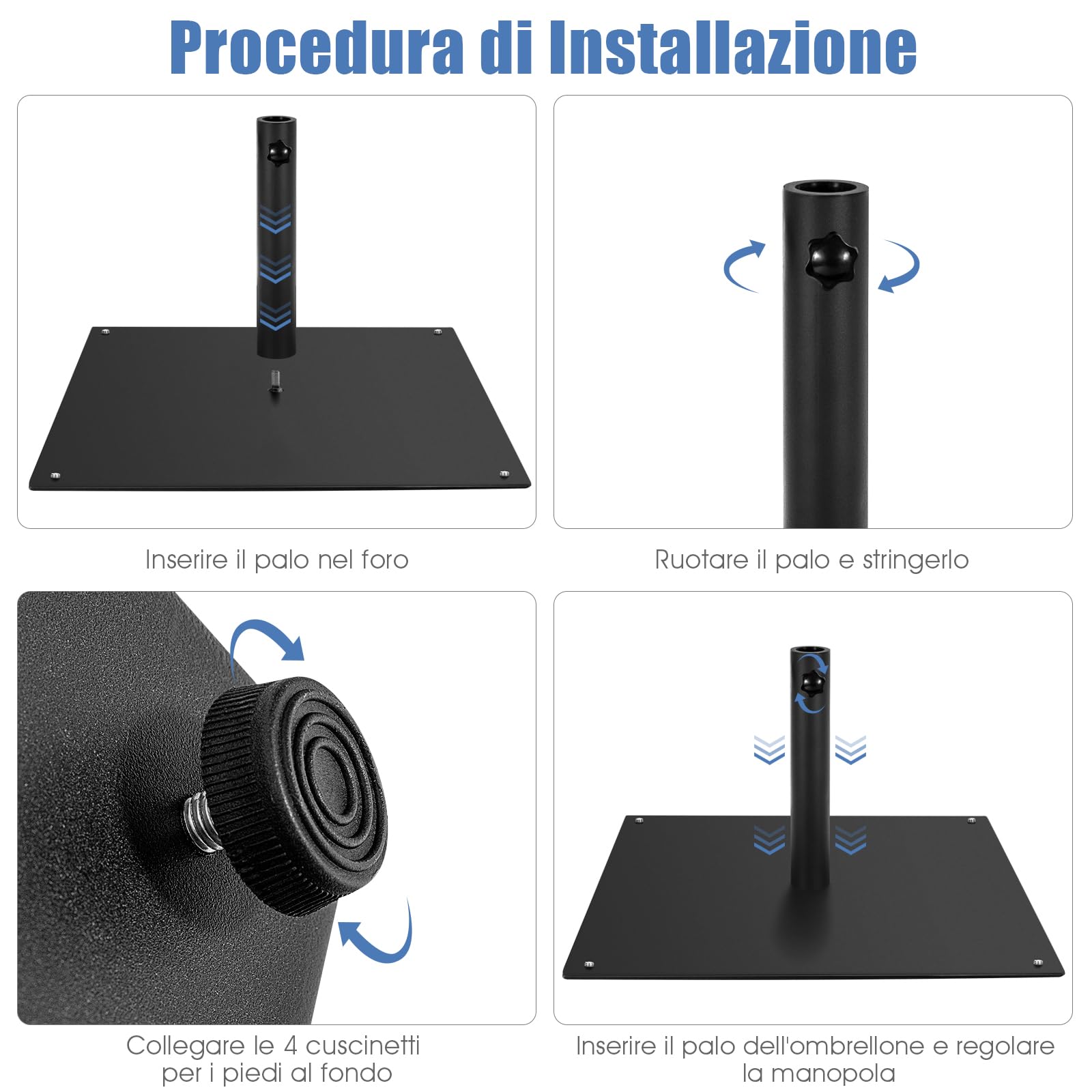 COSTWAY Base per Ombrellone Quadrata 50 cm, 16 kg con 4 Piedini Regolabili, Adattatori da 4cm/5cm, Supporto Ombrellone Installazione Veloce, per Patio Piscina (Nero)