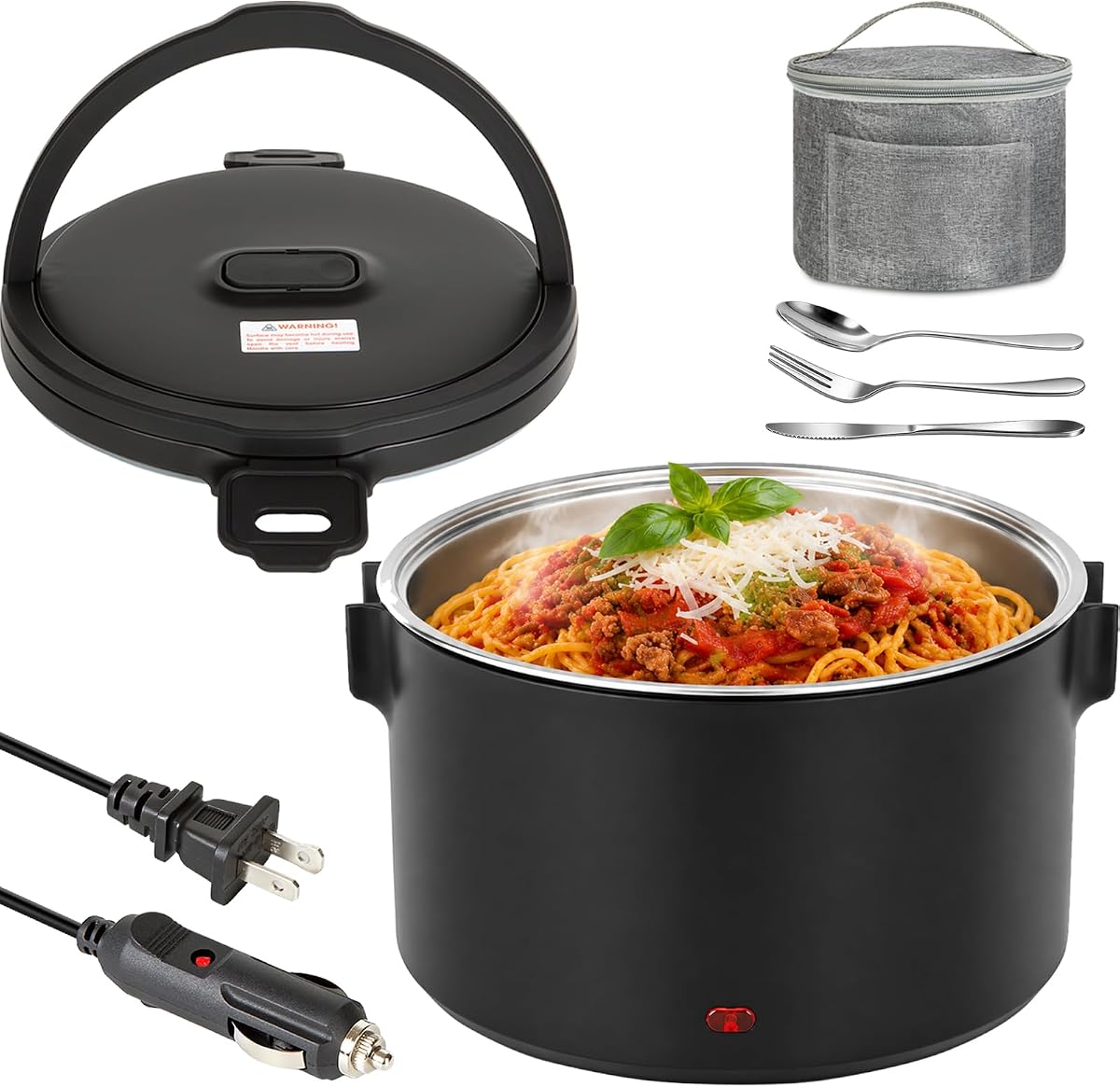 100W Electric Heated Lunch Box, 1.5L, 12V/24V/110V | 20-40 Min Fast Heating; 304 Stainless Steel Container; Easy to Clean; Portable for Car, Truck, Work, Office and Travel