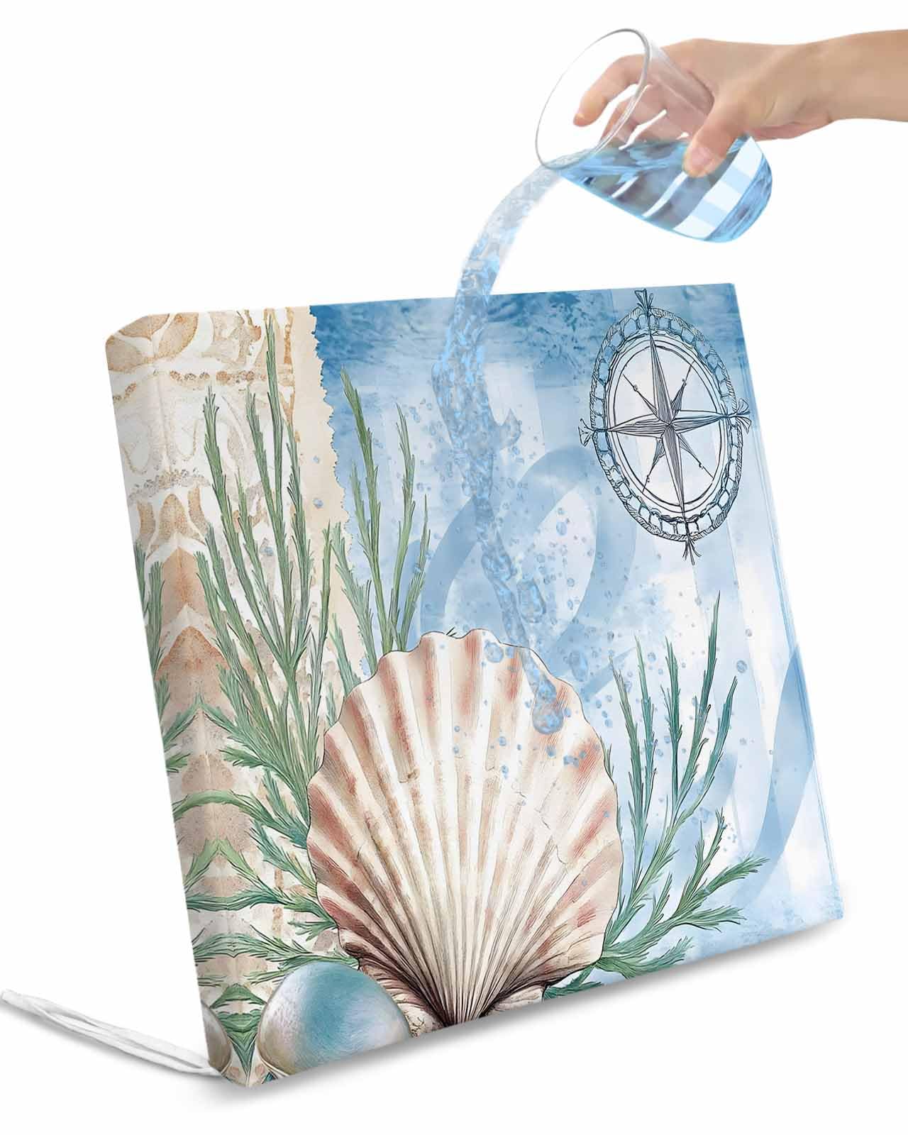 2 Pack Ocean Nautical Waterproof Cushion Covers with Ties, Outdoor Patio Chaise Lounge Chair Seat Cushion Slip Covers Replacement(Only Cover) Summer Seaweed Shell Blue Beige 20