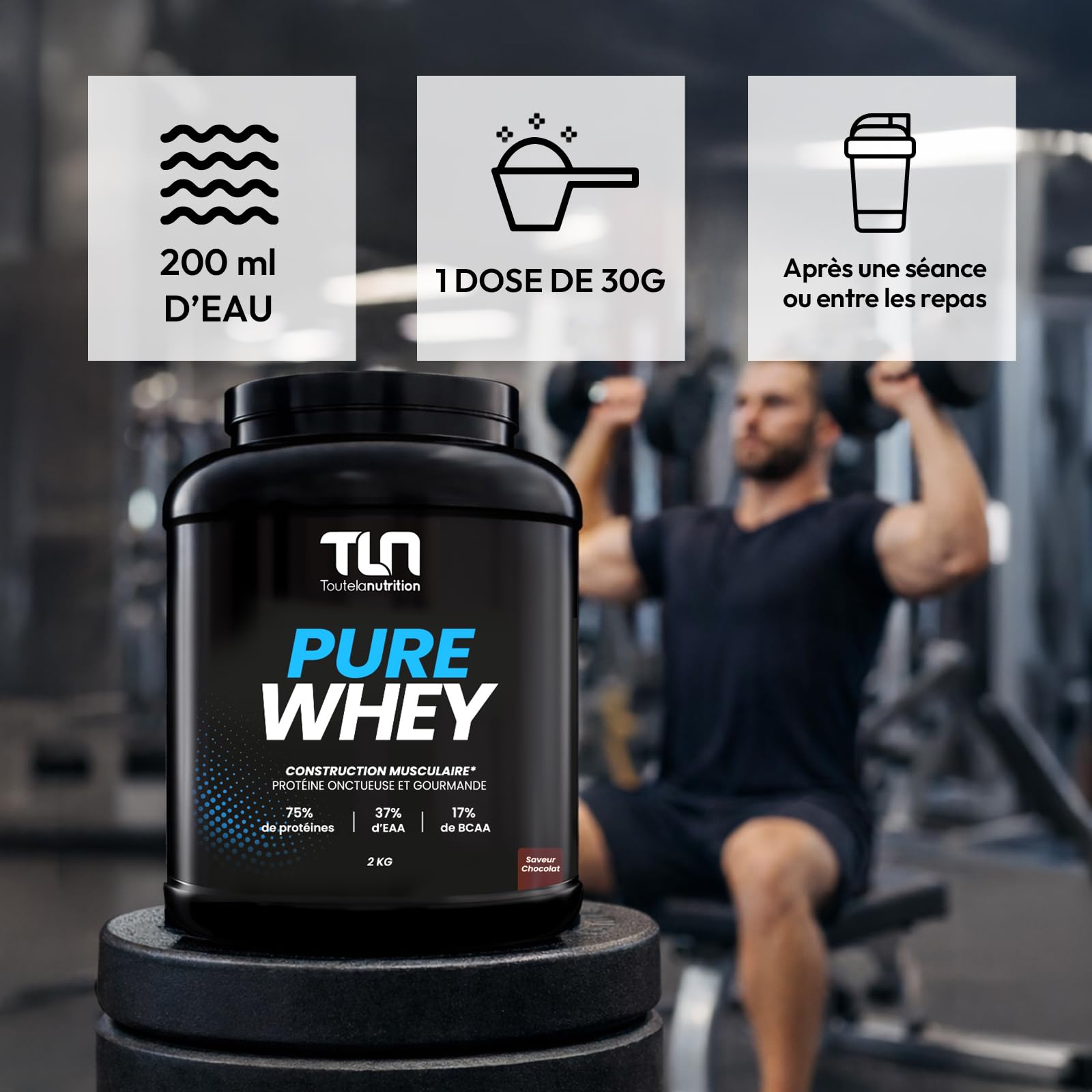 PURE WHEY | Jusqu’à 77% de Protéines | Riche en BCAA & EAA | Construction Musculaire Rapide et Sèche | Peu Calorique | Digestion Facile DigeZyme® | Texture MilkShake Saveur Chocolat | 2kg | TLN