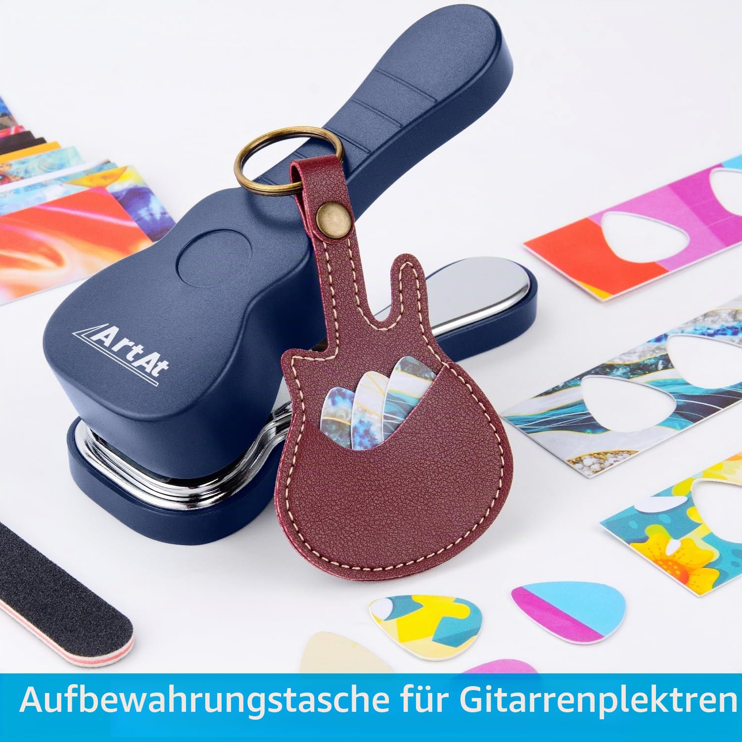 ArtAt Gitarrenplektrum-Stanzset – Stanzgerät für Bassgitarrenplektren mit 15 Plektrumstreifen (Medium) – Einzigartiges Stanzset zur Herstellung von Gitarrenplektren – Einzigartige Geschenke für