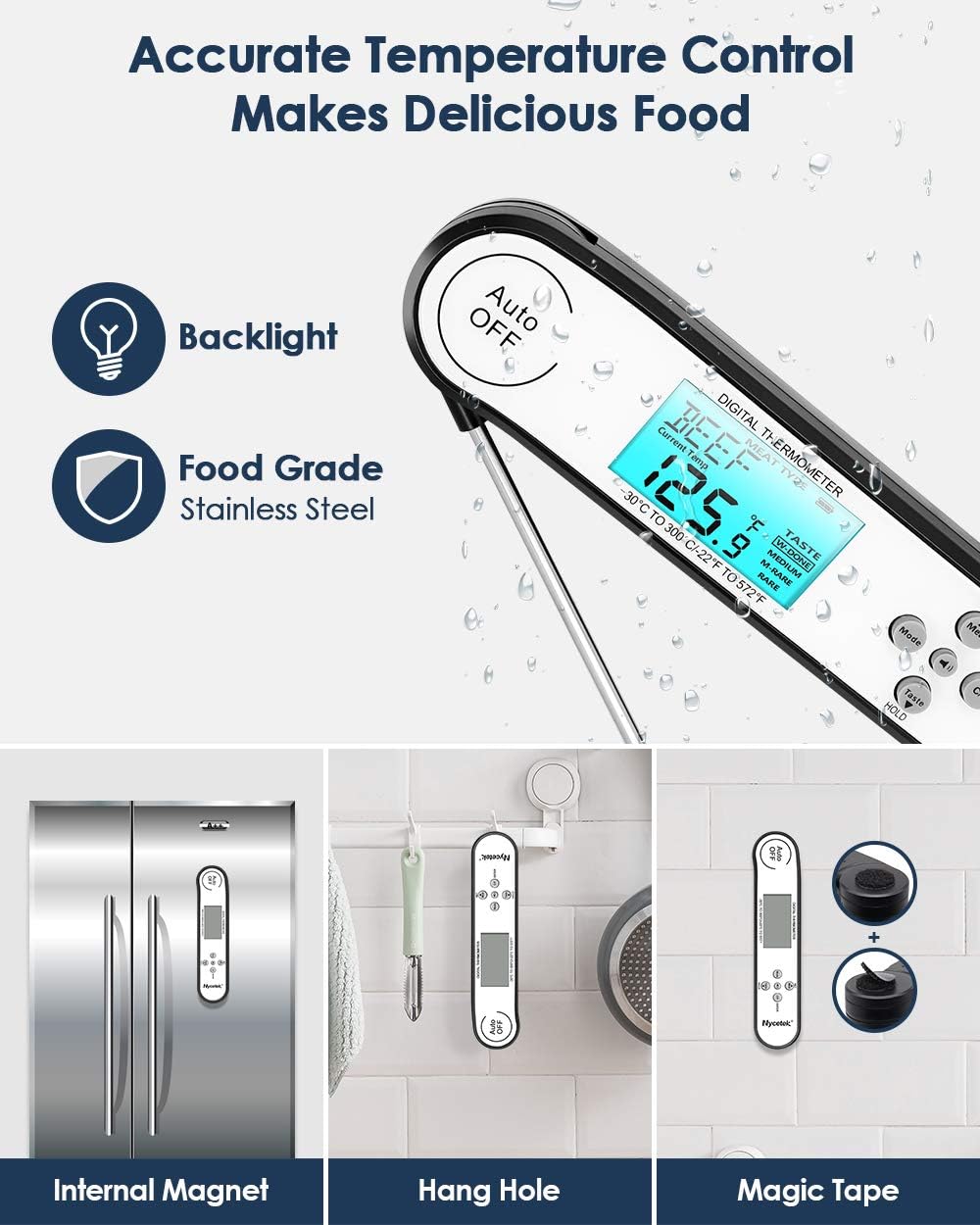 Nycetek Instant Read Meat thermomter for Cooking, Waterproof Kitchen Food Thermometer for Meat, Deep Frying, Baking, Outdoor Cooking, BBQ & Grilling