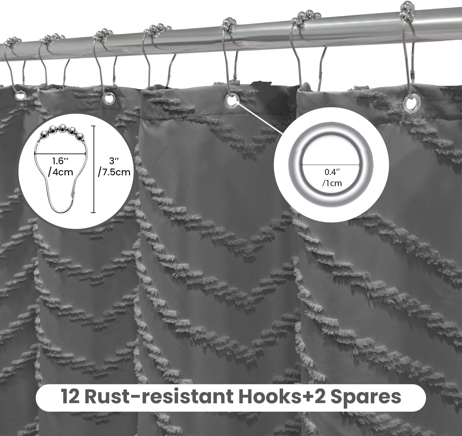 Inhousolu Boho Woven Fabric Shower Curtain, Tufted Textured Chevron Striped Tassel, Modern Farmhouse Minimalist Cloth, Water-Repellent Washable Bath Curtain for Bathroom Hotel 72" W x 96" L Grey