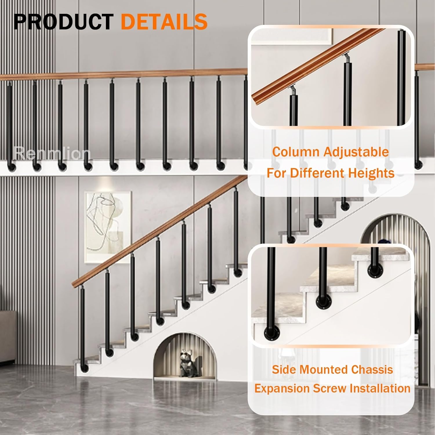 Side-Mounted Balustrade Posts，Transitional Hand Banister Railings Posts Adjustable Stair Handrails Black Metal Wrought Iron Balusters Columns with Installation Kit(75cm(29.5in))