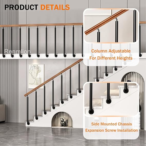 Hand Rails for Outdoor Steps, Adjustable Side Mount Stair Handrail Black Metal Wrought Iron Railing Posts with Fittings Exterior Hand Railing Safety Balusters Columns(65cm(25.6in))