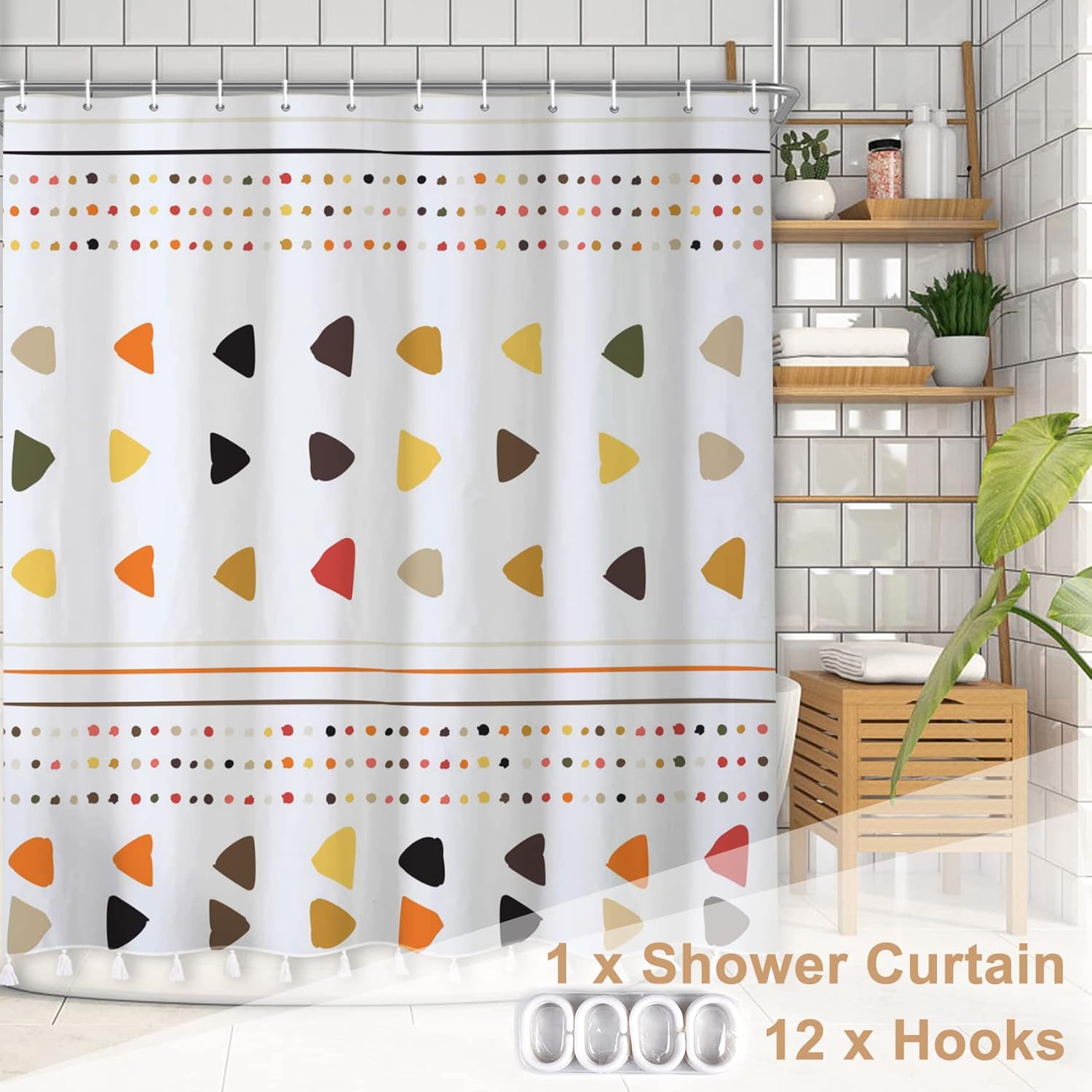 Color Triangle Shower Curtain with Tassels, Geometric Striped Bathroom Curtain with Tassels, Minimalist Boho Tassels Shower Curtain Set with 12 Hooks for Bathroom, L2, 72Wx72L