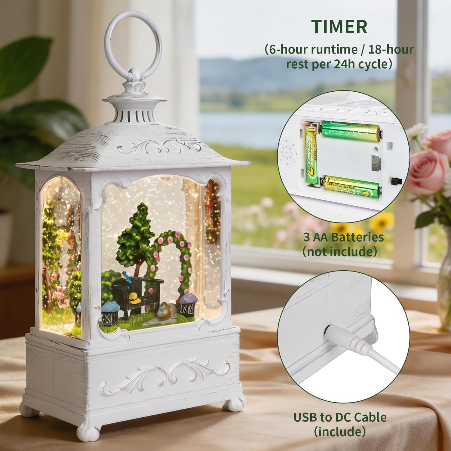 Spring Snow Globe Lantern with Garden Scene, Light Up Glitter Water Globe with 6H Timer, USB & Battery Powered Easter Decor, Spring Decorations for Home
