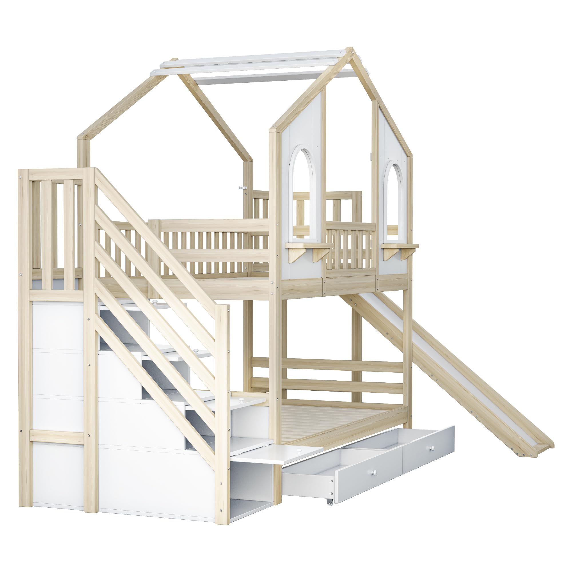Dolamaní Kinderbett Hausbett 90x200 cm, Hochbett mit Treppe und Rutsche, Etagenbett 2 Betten mit Lattenrost & Stauraum, 2 Schubladen, Kiefer Holz, Bettgestell Holzbett, ohne Matratze (Natur + Weiß)
