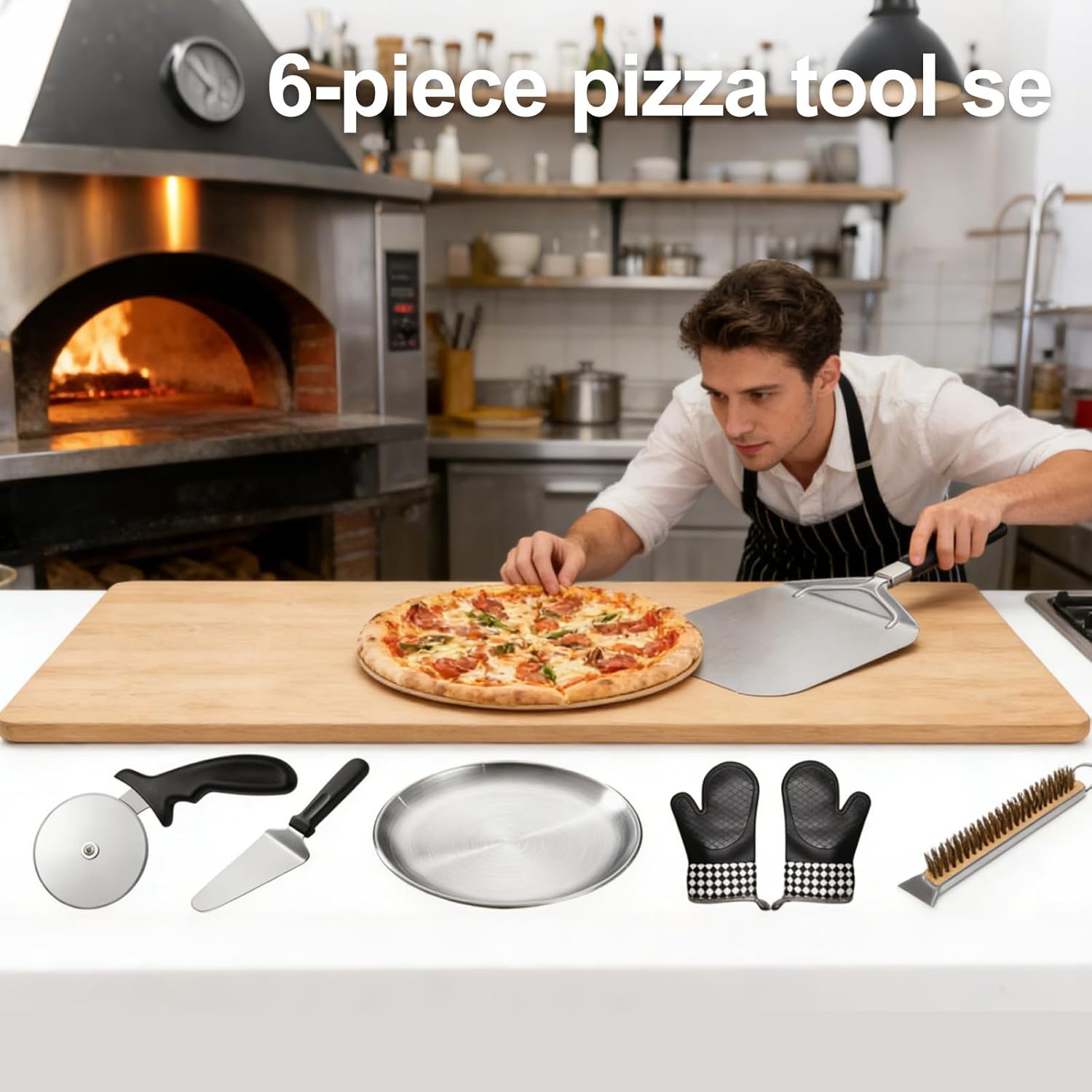 12 Inch Foldable Pizza Peel Kit - 6Pcs Aluminum Spatula, Cutter, Pan, Server, Oven Mitts & Brush for Home Baking
