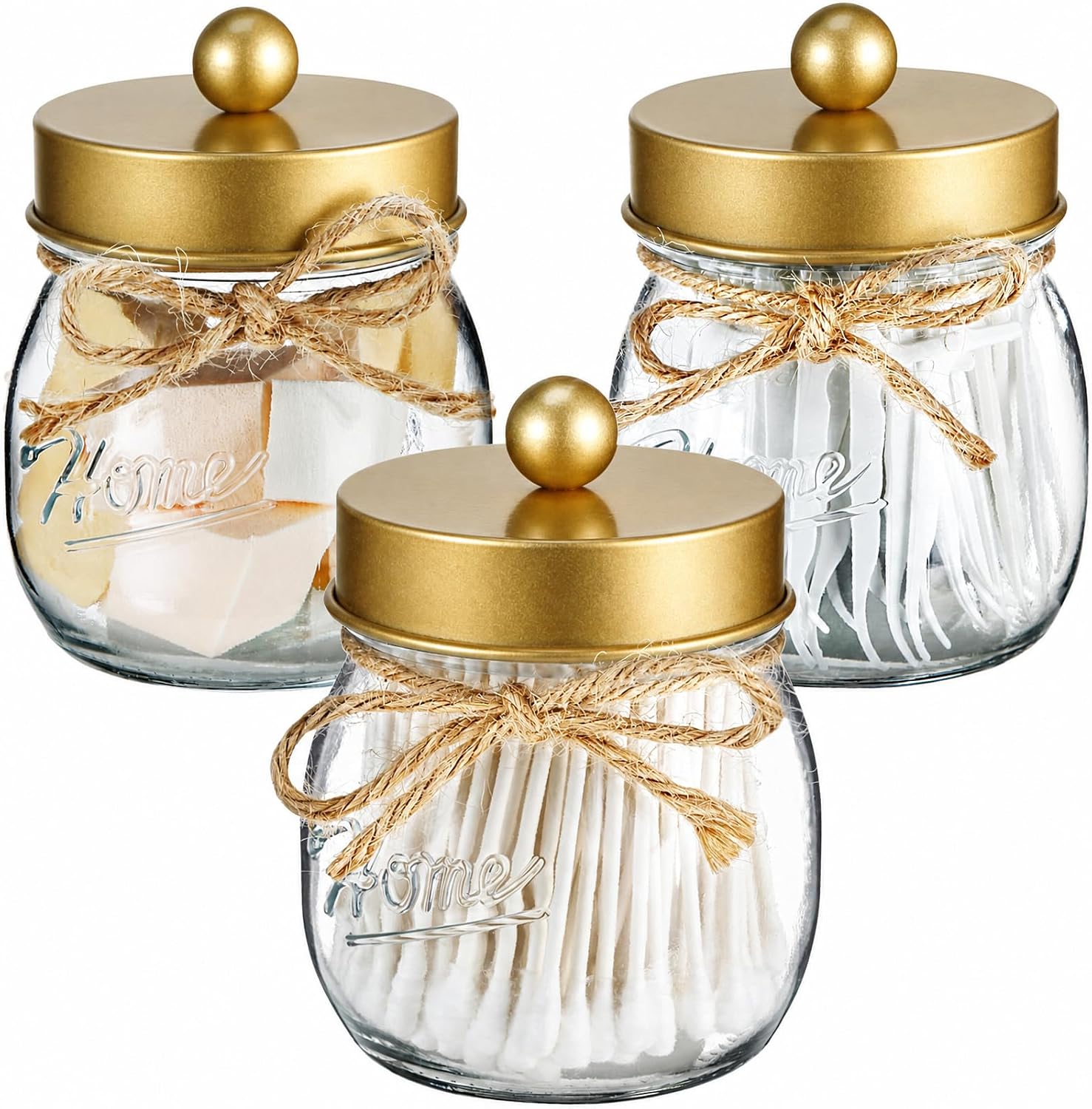 SheeChung 3 Pack Glass Mason Jar Qtip Holder, Gold Stainless Steel Lids