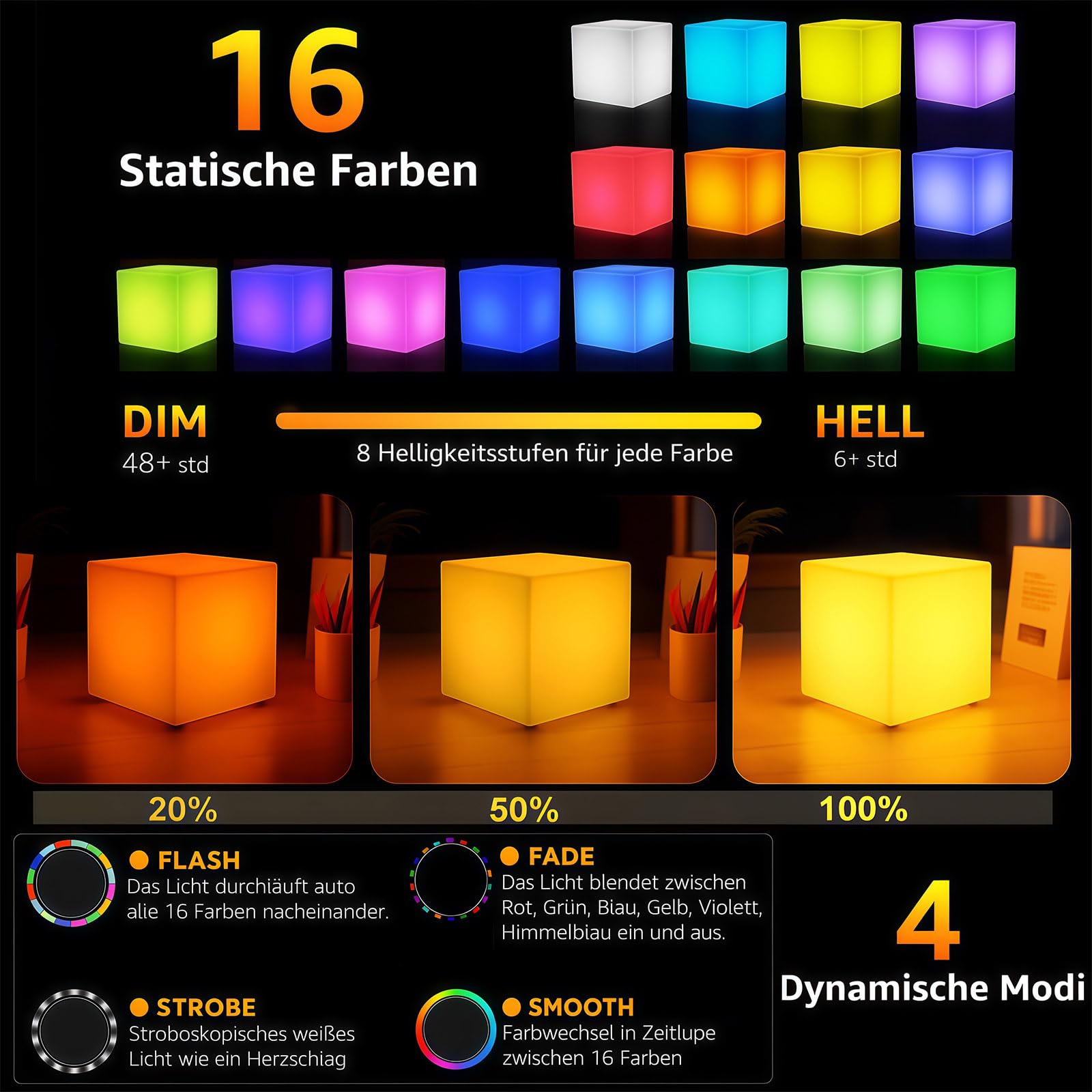 Mr.Go 6" LED lampada Rgb cubo luce notturna ricaricabile lampada da tavolo cambia colore luce d'atmosfera con telecomando, luminosità dimmerabile, 16 luce calda per illuminazione domestica e