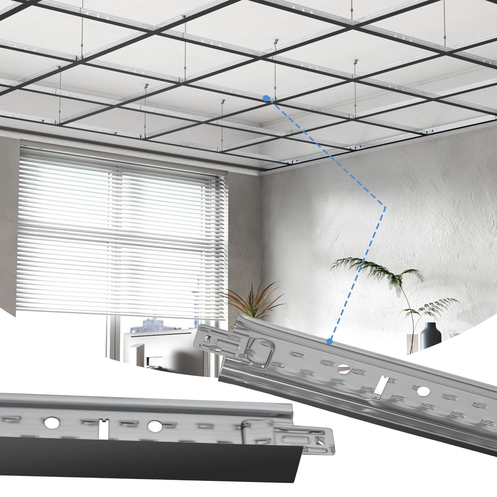 LooYee 25 PCS 144 Inch Main Beam Cross Tee Drop Ceiling Grid System, 12 Ft Galvanized Steel Rust & Fire Resistance, Ideal for Basement Living Room