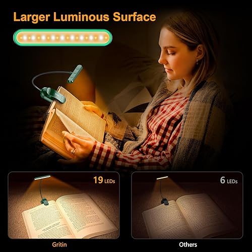 Miniatura 44 de Gritin Luz de libro recargable para leer en la cama con 19 LED y función de memoria, cuidado de los ojos, 3 temperaturas de color, 5 niveles de Negro