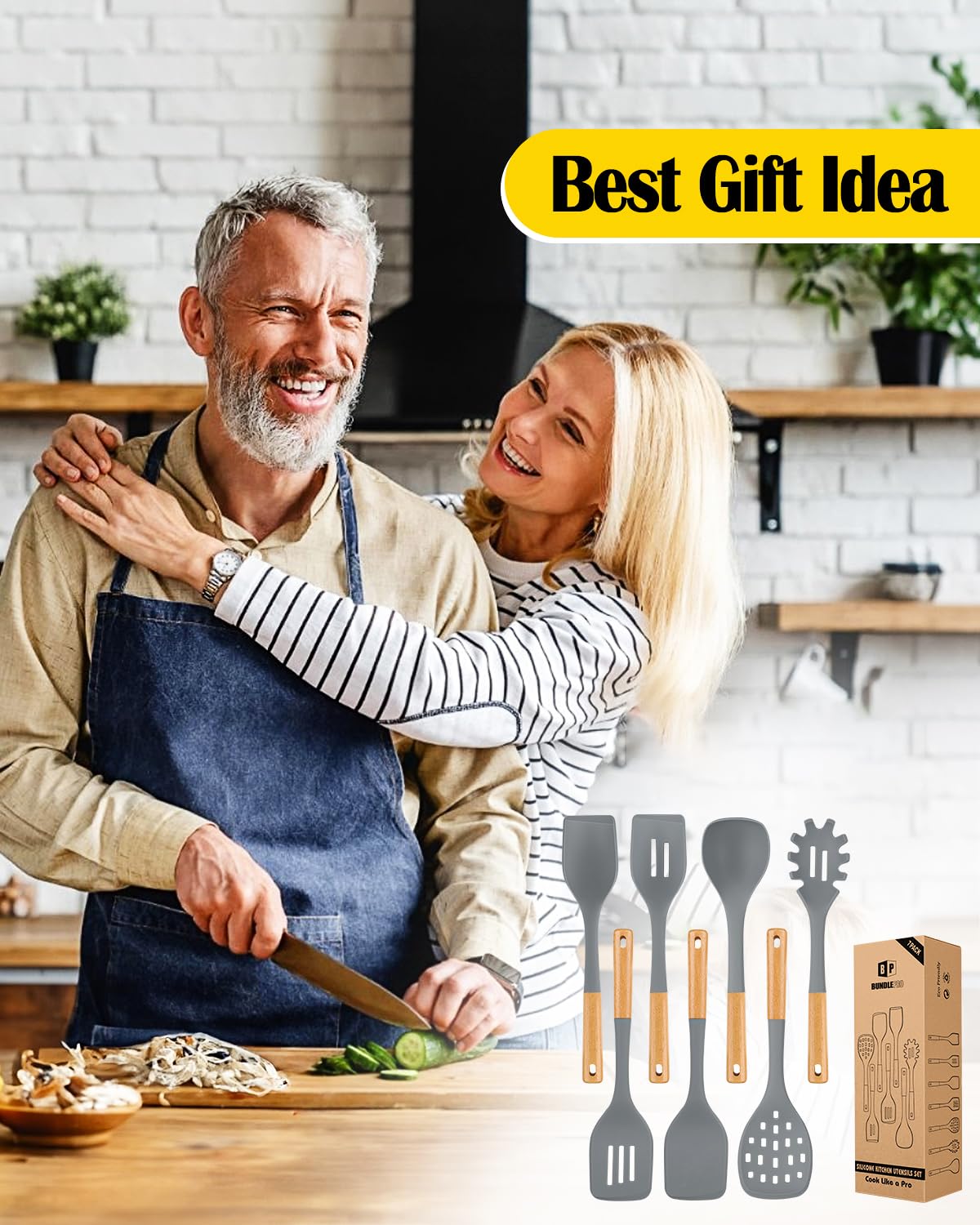 Set di utensili da cucina in silicone per pentole non appiccicose, 7 pentole resistenti al calore con manico in legno, utensili da cucina senza BPA, con spatole, cucchiai, skimmer e forchetta per