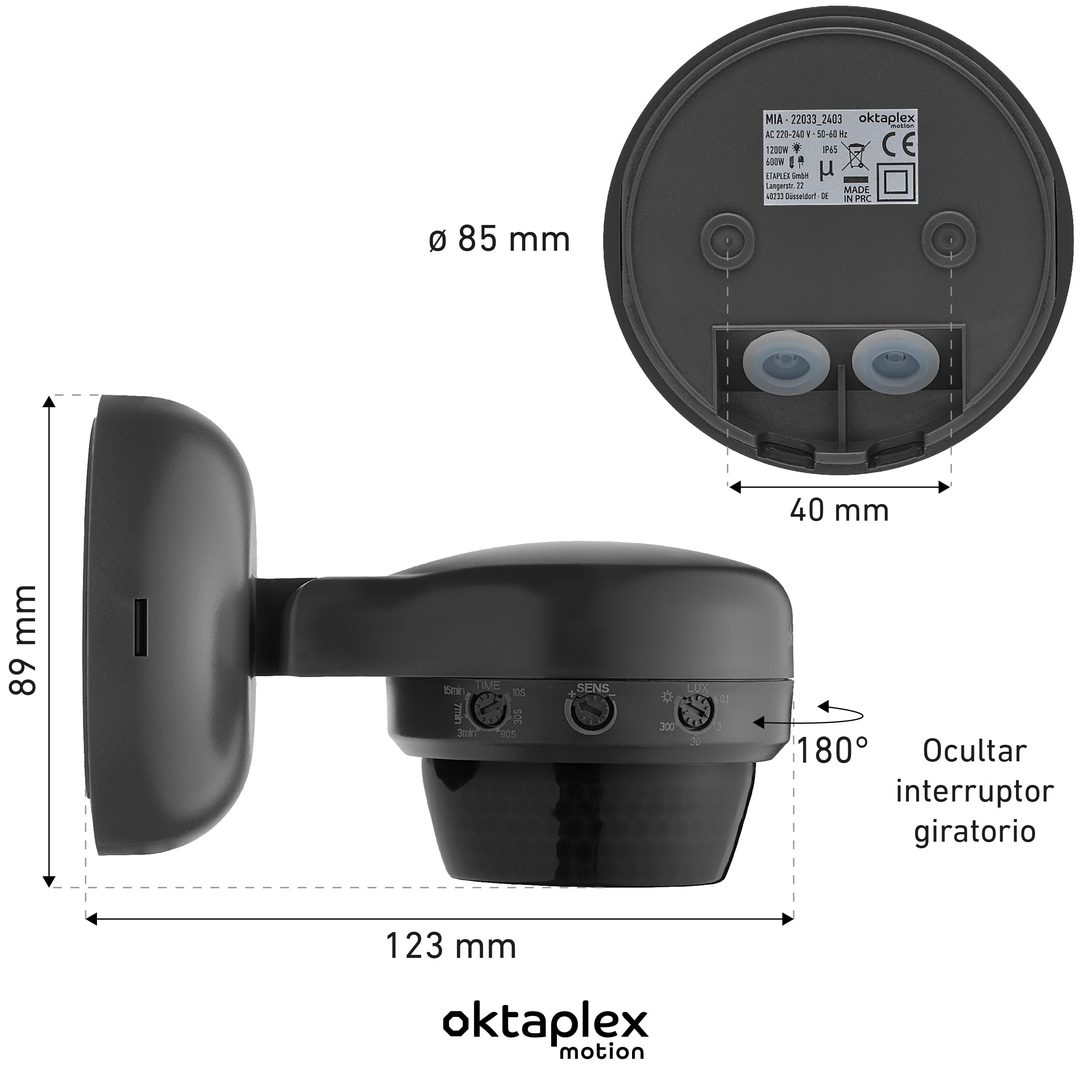 Oktaplex - Detector de movimiento exterior (2 unidades, 360 °) | PIR de 360° con alcance de 10 m e índice IP65, orientable con sensor crepuscular para montaje en saliente