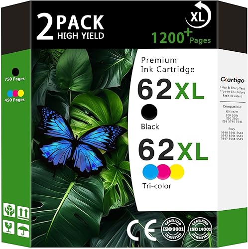 Paquete combinado de cartuchos de tinta de alto rendimiento 62XL (1 negro1 tricolor, 2 unidades) compatible con HP 62XL 62 Reemplazo para impresoras