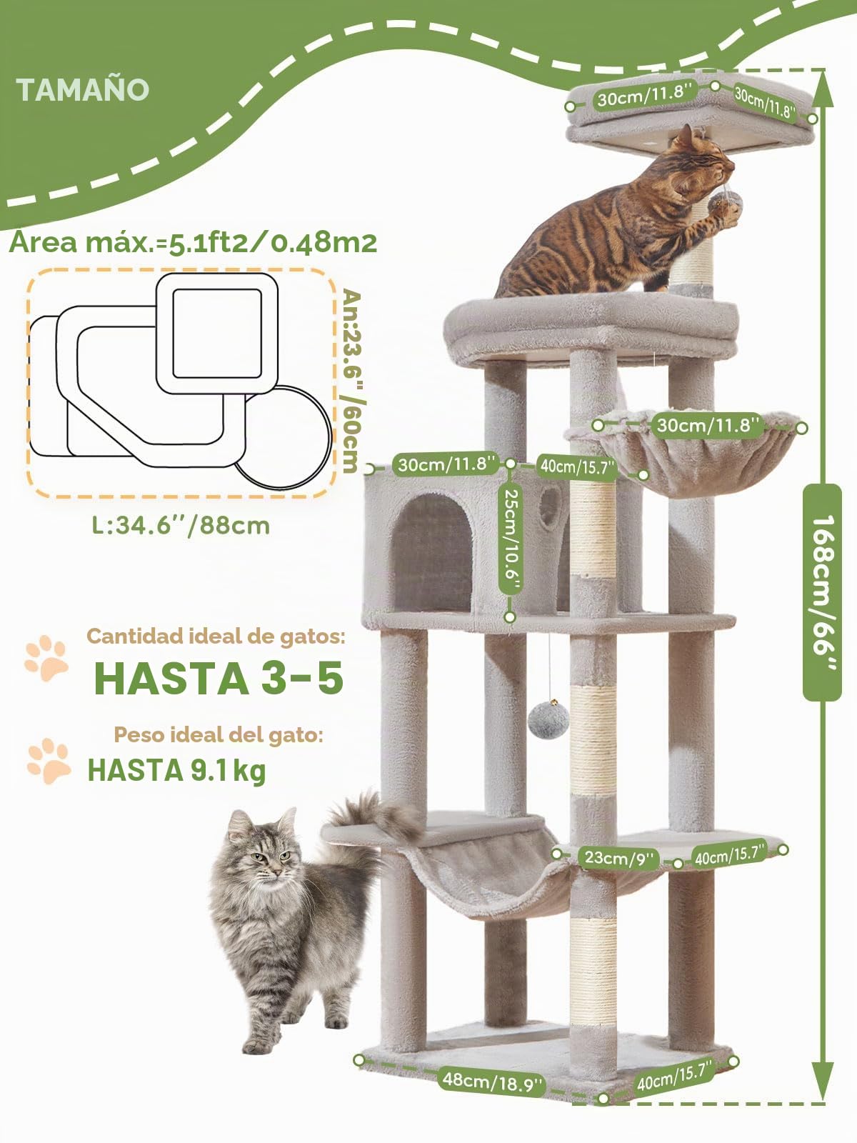Taoqimiao Rascador para Gatos Grandes, 168cm Arranhador para Gatos Cat Tree com Plataformas Grande, Espacioso Cuevas, Cesta, Hamaca, MS042W Gris Claro