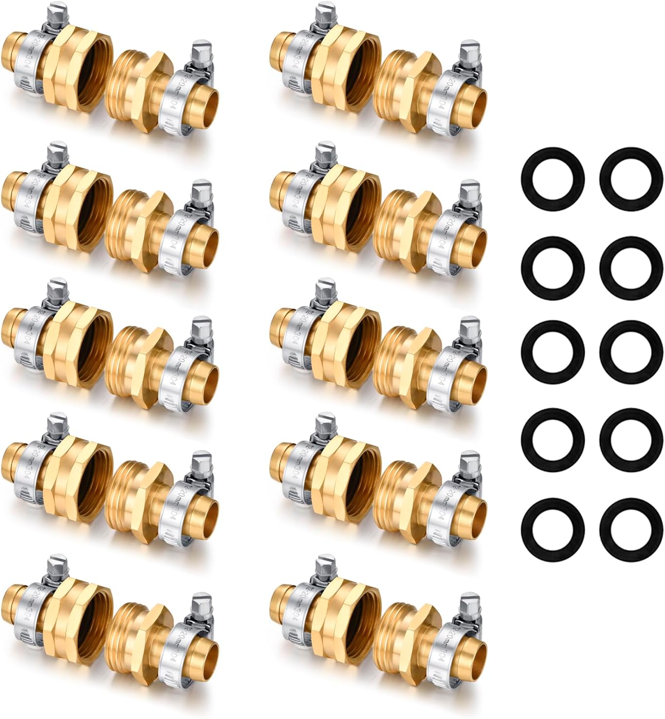 Garden Hose Repair Connector with Clamps Hose End Repair Kit,5/8" Barb Garden Hose Fittings Male and Female brass garden hose ends (5/8"Barb-10 Set)