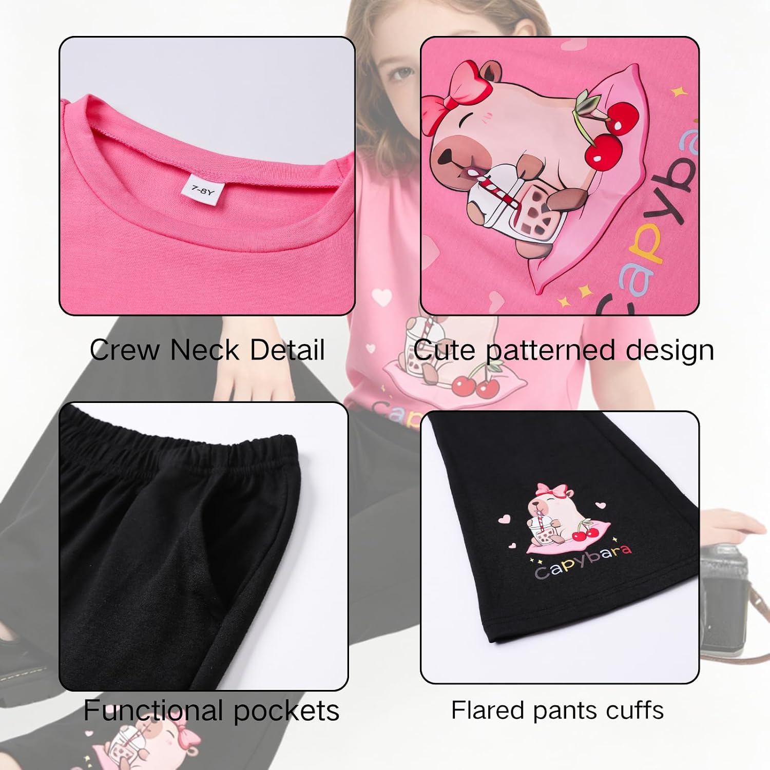 Girls Clothes Cute Capybara Print & Cherr Short Sleeve Print Tops Flared Pants Set Tween Girl Outfits Size 7-14