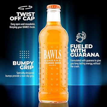 BAWLS Guarana Mandarin Orange, BAWLS Guarana Drink, Guarana Soda, Guarana Fueled Soda for Energy, High Energy Caffeinated Drink, 10oz 12 Pack Glass Bottles
