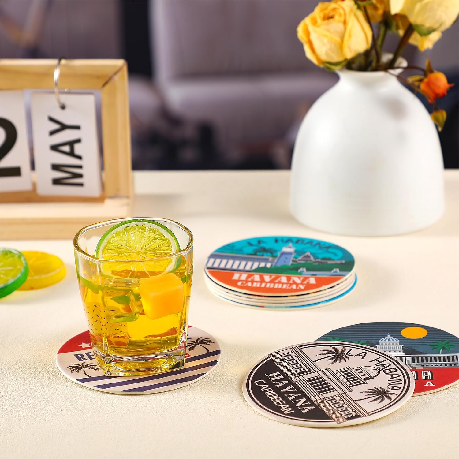 FoldTier Set of 48 Havana Print Disposable Paper Drink Coasters for Bar Bulk 4 Inch Round Cup Beer Coasters Absorbent for Havana Nights Party Supplies Summer Hawaii Tropical Table Decoration