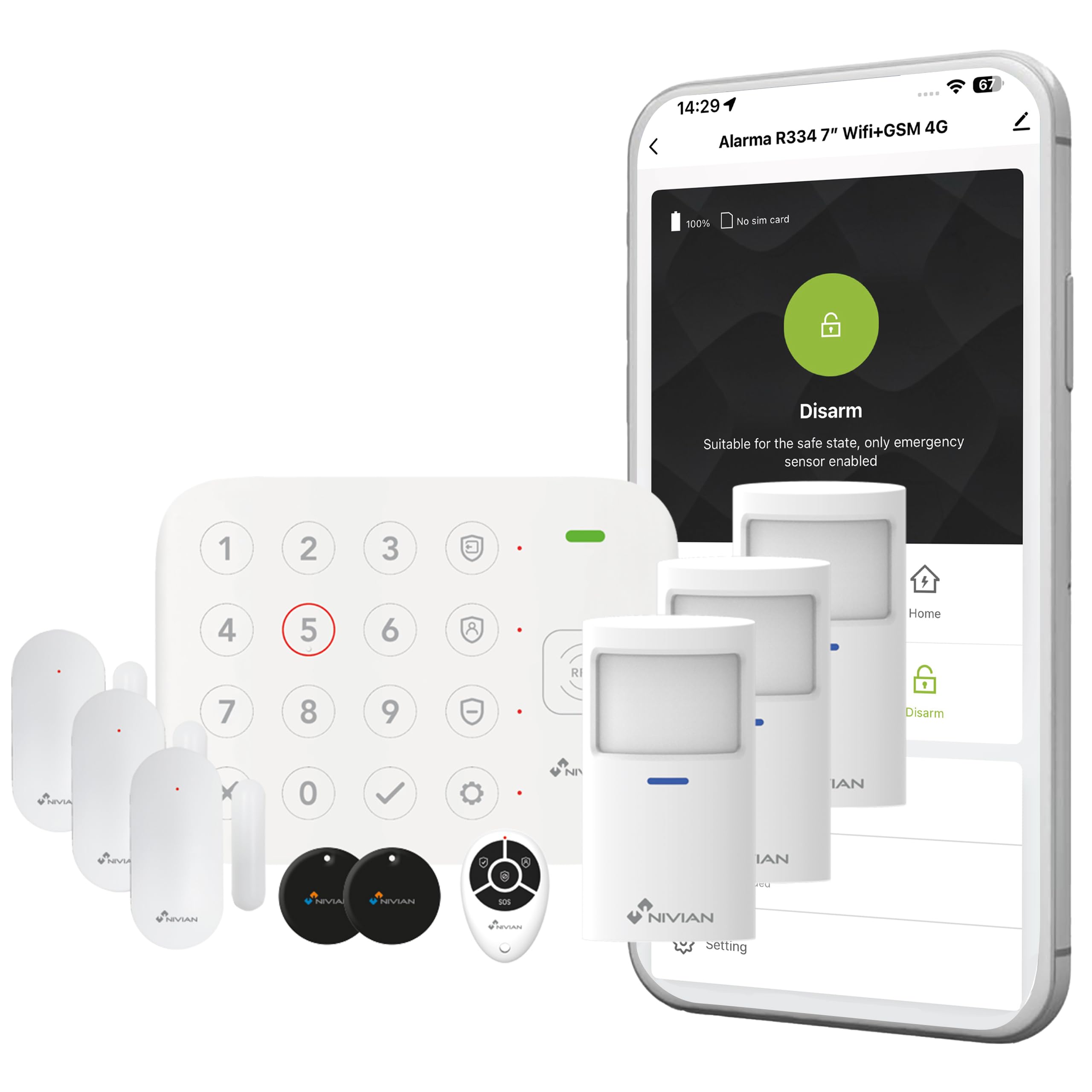 Nivian Sistema de Alarma WiFi para Casa sin Cuotas ā Kit Completo con Sensor de Movimiento, Sensor de Puerta, Mando a Distancia y Tarjetas RFID ā Alarma Inteligente con App, Anti Sabotaje, KIT Premium