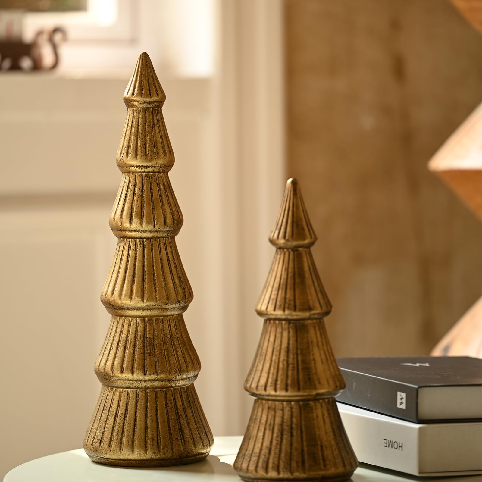 DN DECONATION Figuras de árbol de Navidad de madera, juego de 2 árboles de Navidad dorados, decoración de madera, decoración de mesa para decoración de Navidad, chimenea, estantería y decoración de