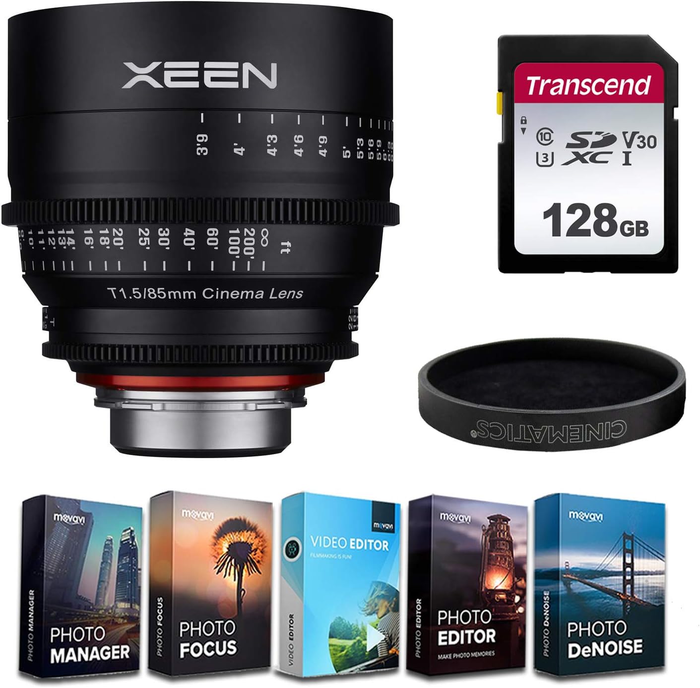 XEEN XN85-PL 85mm T1.5 Professional Cine Lens for PL Mount + 5-Pack Photo/Video Editing Software & 128GB Transcend High Speed Memory Card