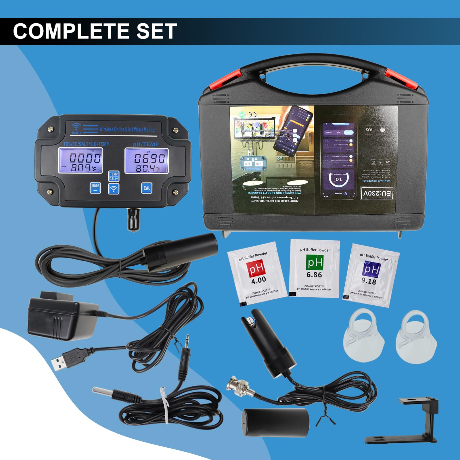 6-in-1 Smart Water Quality Tester – WiFi/App Monitor für pH, EC, TDS, Temp, SG & Salz Echtzeit-Alarme Ideal für Hydroponik, Aquarien, Pools & Trinkwasser
