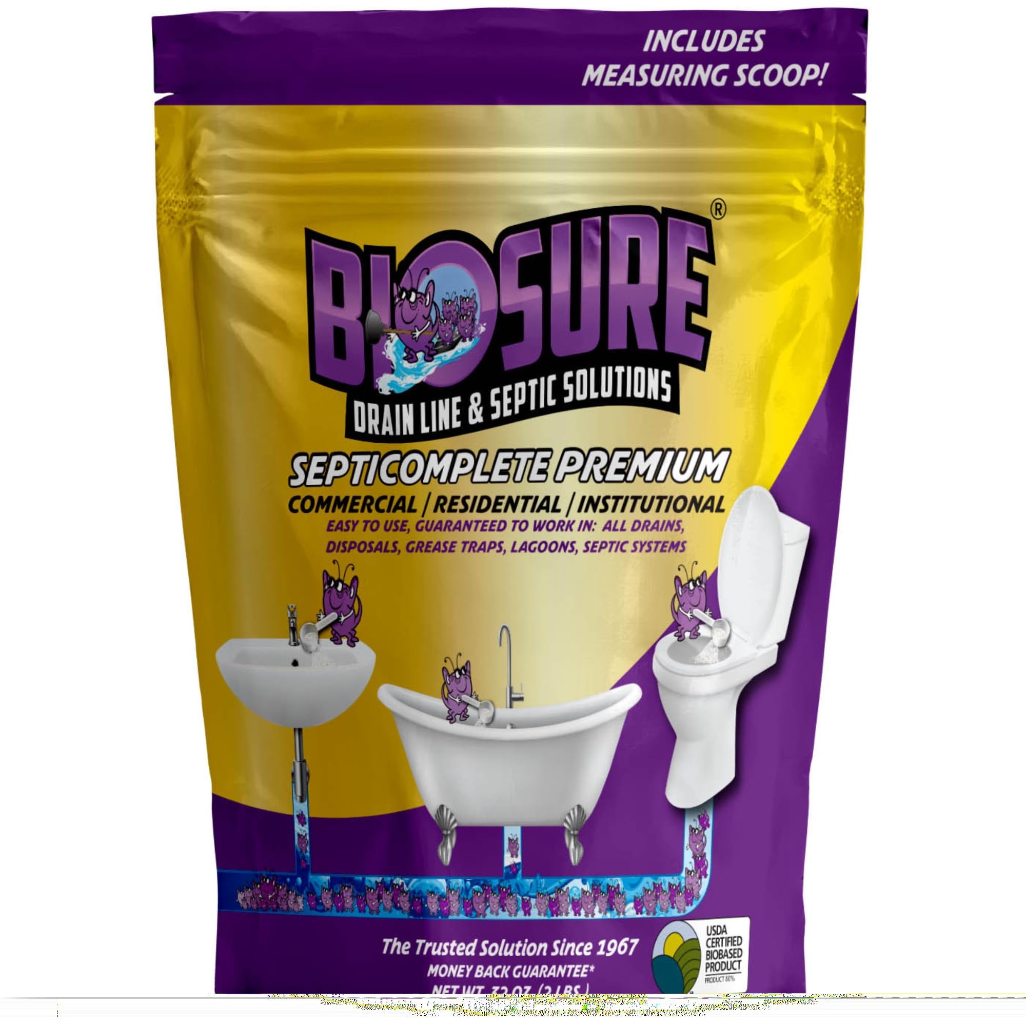 SeptiComplete Premium Powder: 2 lbs of Septic Tank & Septic Line Cleaner with Dosage Scoop: Use for Clogged Toilet Solutions, Plastic Septic Tank, and Septic Tank Riser.