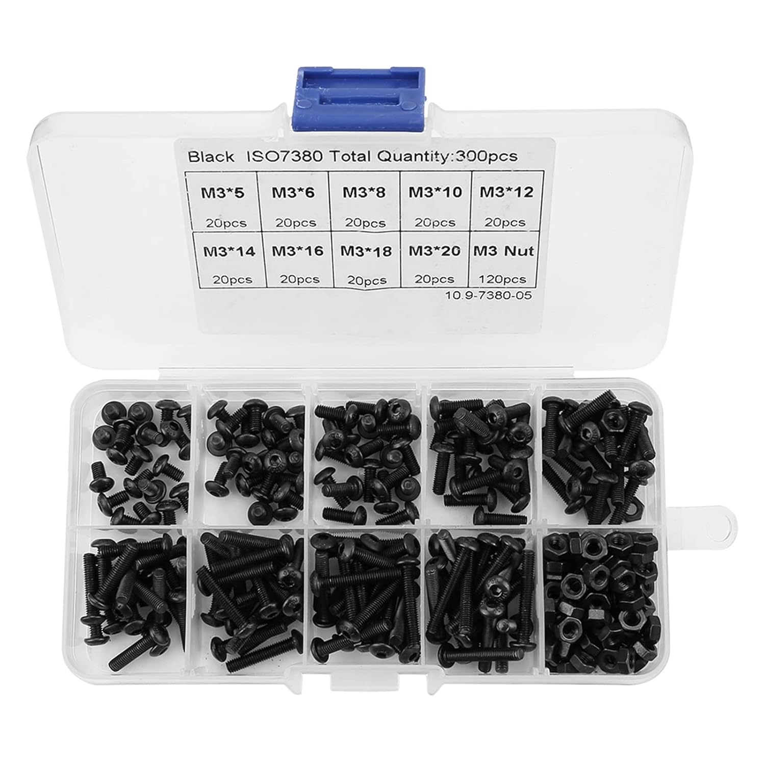 Hex Socket Screws Set, 300pcs M3 Screws and Nuts,10.9 Grade Hex Socket Head Screws Bolts Nuts Assortment Kit with Portable Plastic Case,Black