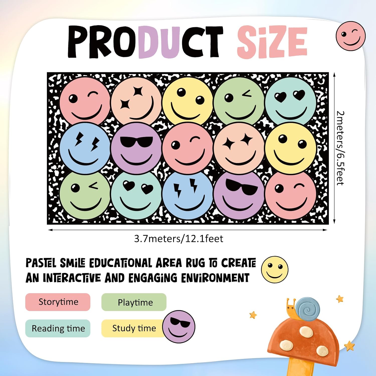 Nuanchu 1 Pack Large Pastel Face Classroom Area Rug 12.1' X6. 5' Composition Base Smile Educational Area Rug Colorful Classroom Decor Pastel Play Carpet for Teaching and Playroom